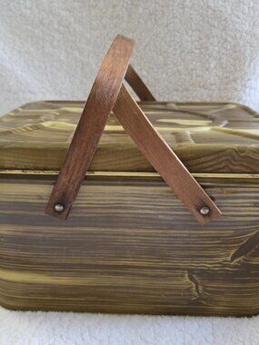 Vintage Metal Picnic Basket Wooden Handles